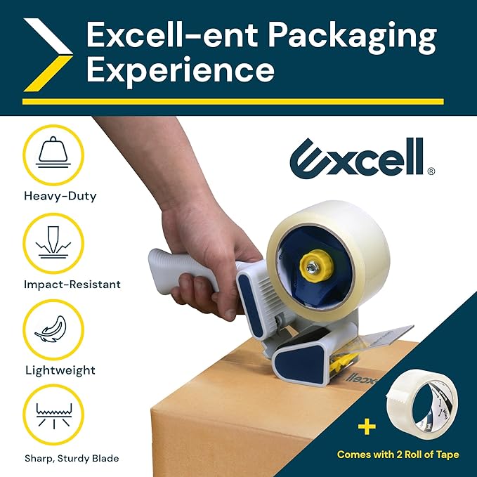 Excell EC-206 Safeguard Packing Tape Dispenser (2" Wide): Retractable Blade Cover for Safety, Push Flap for Smooth Cutting, and one-Hand use. Ideal for Shipping and Carton Sealing.(2Pack)-DeskLoop Office