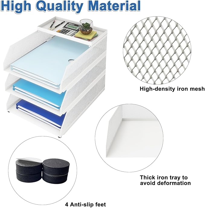 Natwind 3-Tier Stackable Paper Tray, Metal Mesh Desktop Organizer, Paper Sorter, Letter Trays,File Document Storage Rack for for Home, Office, School (White)-DeskLoop Office