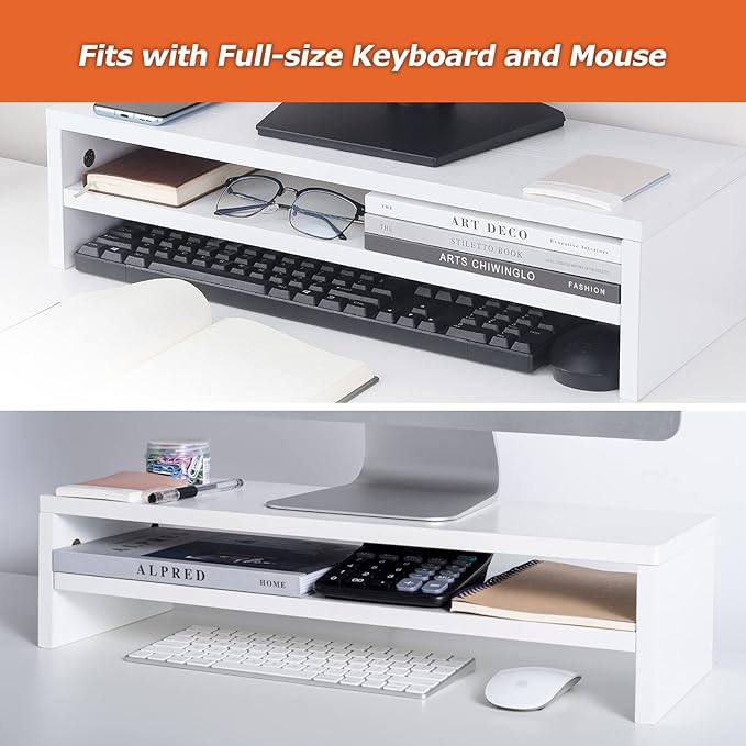 BEYGORM Monitor Stand Riser White, 21.6 inch 2 Tiers Wood Desk Shelf Computer Screen Stand with Storage for Desktop Laptop/Screen/TV/PC/Printer, Desk Shelf Organizer 21.6" L x 7.8" W x 5.2" H-DeskLoop Office