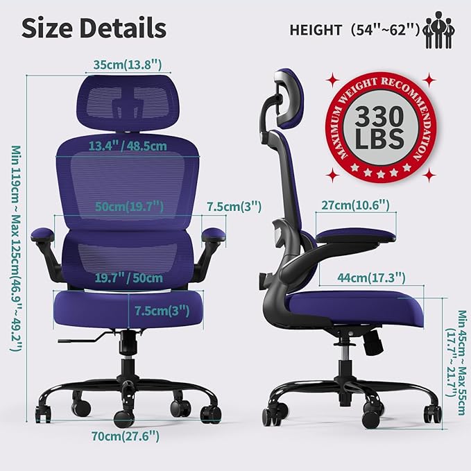 Office Chair Ergonomic Desk Chair, 330 LBS Home Mesh Office Desk Chairs with Wheels, Comfortable Gaming Chair, High Back Office Chair for Long Hours (Violet)-DeskLoop Office
