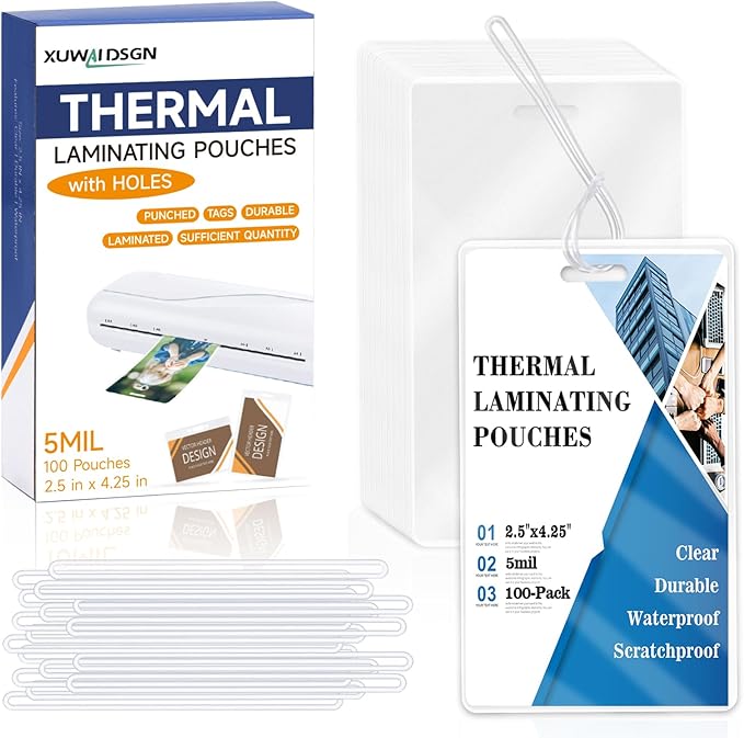 100 Pack 5 Mil Laminating Pouch with Clear Loop 2 1/2" x 4 1/4" Luggage Tag Laminating Pouches with Slot Hole Thermal Laminate Pouch Tags Kit Resealable for Work Permits Pass Cards Student ID Cards-DeskLoop Office