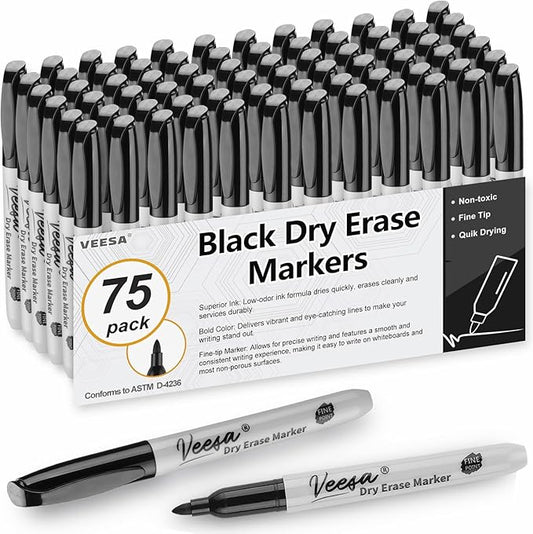 VEESA Dry Erase Markers Black, Fine Tip, 75 Count Low-Odor Whiteboard Marker Pens, Back to School Supplies, Office Series-DeskLoop Office