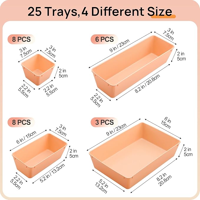 Vtopmart 25 PCS Plastic Drawer Organizers Set, 4-Size Versatile Bathroom and Vanity Drawer Organizer Trays, Storage Bins for Makeup, Bedroom, Kitchen Gadgets Utensils and Office-DeskLoop Office