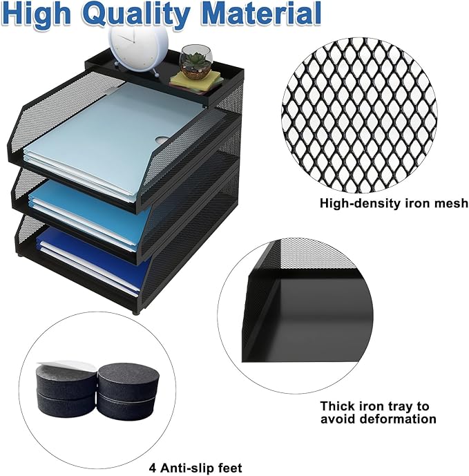 Natwind 3-Tier Stackable Paper Tray, Metal Mesh Desktop Organizer, Paper Sorter, Letter Trays,File Document Storage Rack for for Home, Office, School (Black)-DeskLoop Office