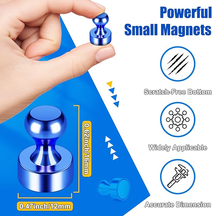 Strong Whiteboard Magnets, Small Magnetic Push Pins for Refrigerator, Circle Blue Metal Neodymium Magnet for Office, Kitchen, Crafts, Bulletin Board, Locker Accessories, Shopping List