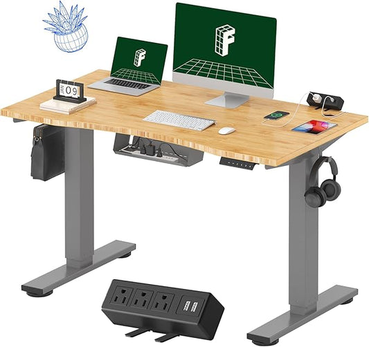 FLEXISPOT EN2 Whole-Piece Bamboo Standing Desk with Clamp Power Strip, 48 x 24 Electric Stand Up Height Adjustable Desk with Cable Management (Grey Frame + 48" Bamboo Top, 2 Packages)-DeskLoop Office