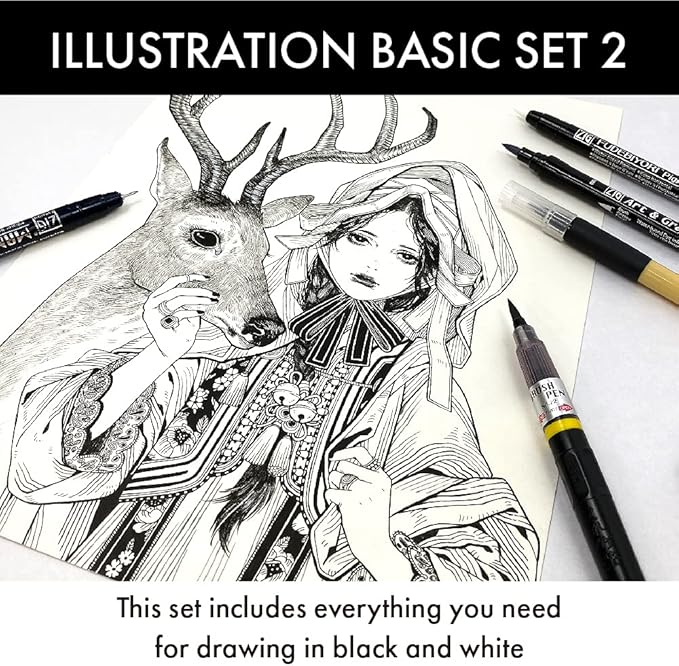 Kuretake Zig Inktober pen set, for Illustration, Manga Drawing, Lettering and Calligraphy, Professional Artist, Made in Japan (Basic No.2(5pcs.))-DeskLoop Office