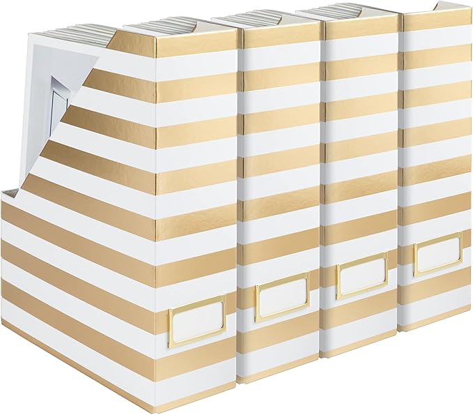 BLU MONACO Set of 4 Gold & White Striped Magazine File Boxes with Gold Label Holders – Stylish File Organizer Box for Desk, Office Supplies, File Folder Holder, and Book Organizer-DeskLoop Office