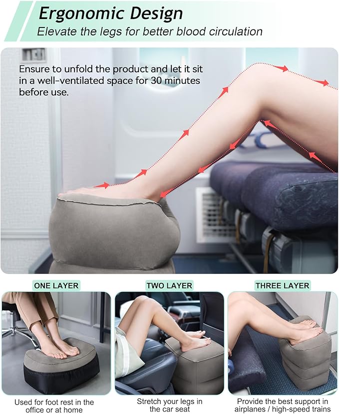 JefDiee Inflatable Foot Rest Pillow, Kids Airplane Bed, Adjustable 3 Layers Height Leg Rest Pillow, Airplane Travel Essentials Great for Office, Home, Trains, Cars-DeskLoop Office