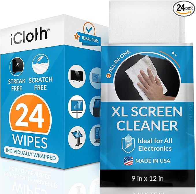 iCloth XL Screen Cleaning Wipes, Lint-Free and Streak-Free, Fast-Drying, Removes Dust, Fingerprints, and Smudges (24 XL Wipes)-DeskLoop Office