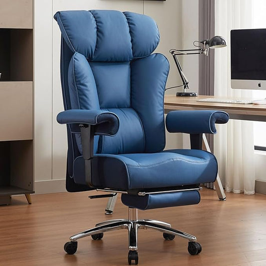 Efomao Ergonomic Office Chair 450LBS with Foot Rest, High Back PU Leather Big and Tall Executive Chair with Adjustable Padded Armrests, Lumbar Support for Home or Work, Heavy Duty Computer Chair, Blue-DeskLoop Office
