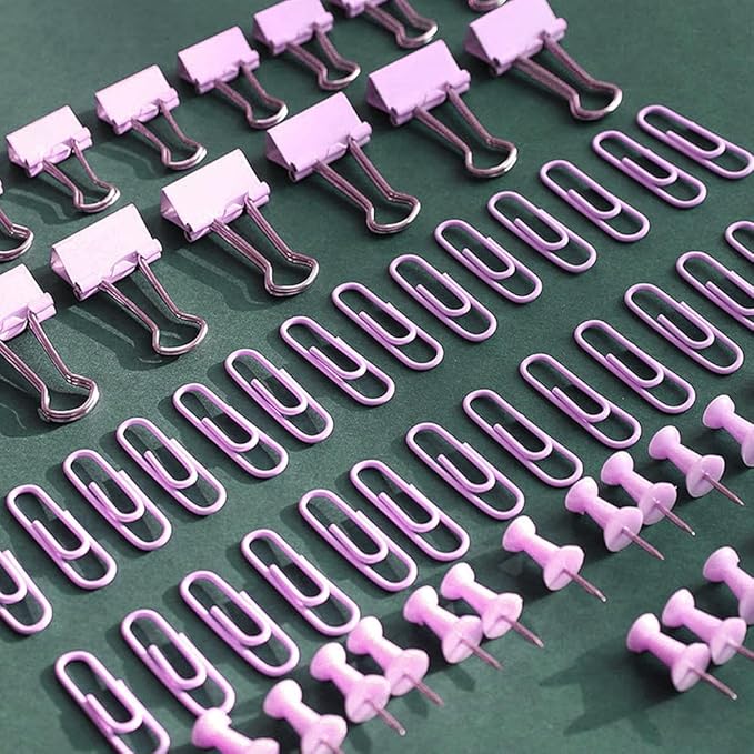 Purple Paper Clips and Binder Clips Set, 216 pcs, Metal Assorted Sized Binders with Push Pins, Cute Office Supplies for Desk, Durable Desk Accessories, 3 Pack-DeskLoop Office