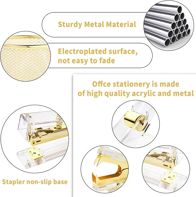 Gold Desk Accessories, Office Supplies Set with Acrylic Stapler, Tape Dispenser, Staple Remover, Pen Holder, Scissor, Binder Paper Clips, 1 Ballpoint Pen, 1 Clear Tape and 1000pcs Staples-DeskLoop Office