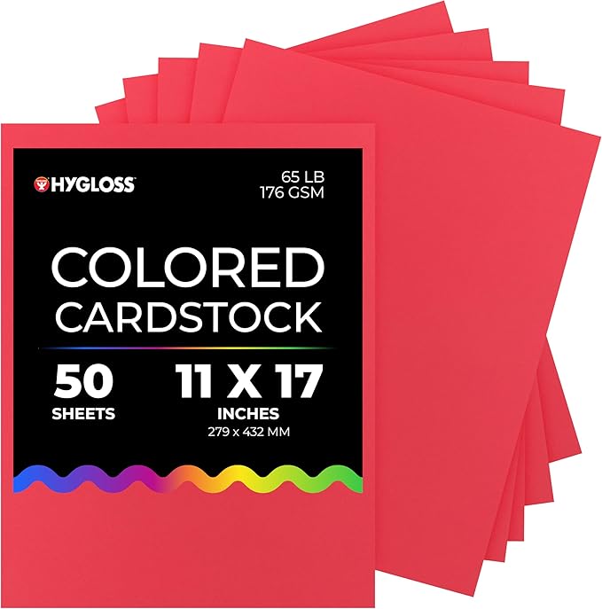 Hygloss Red Bright Colored Cardstock - 11x17-Inch, 50 Sheets, 65 lb/ 176 gsm, Fade-Resistant, Acid-Free Color Card Stock Paper-DeskLoop Office