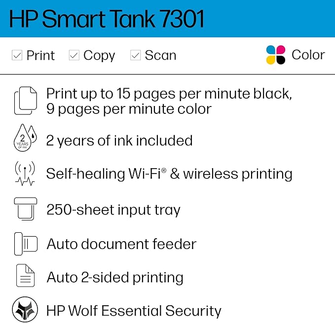 HP Smart Tank 7301 Wireless All-in-One Refillable Ink Tank Printer, Scanner, Copier with 2 years of ink included, Best for home office(28B70A)-DeskLoop Office