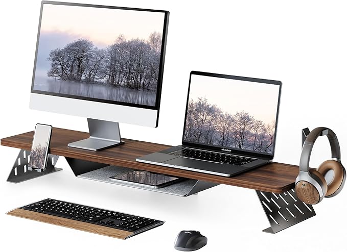 Fenge Dual Monitor Stand, 42.5 Inch Monitor Riser for Desk, Wood Desk Shelf for 2 Monitors, 2 Tier Monitor Shelf with Headphone Stand & Phone Holder-DeskLoop Office