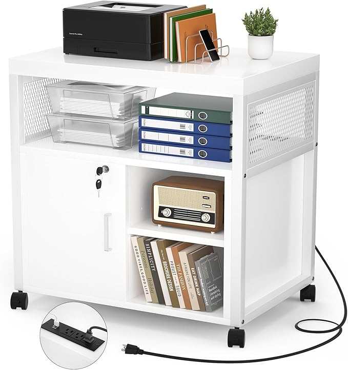 Unikito Rolling File Cabinet Lateral Office Filing Cabinets with Socket and USB Charging Port, Modern Printer Stand on Wheels, Printer Cabinet with Door and Open Storage, Lockable, White-DeskLoop Office