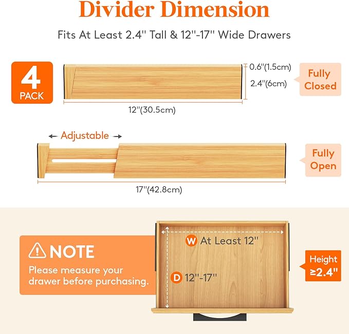 Lifewit 4 Pack Drawer Dividers Bamboo 2.4" High, 12-17" Adjustable Drawer Organizers for Clothes, Wooden Dresser Separators in Bedroom/Bathroom/Kitchen/Fridge/Office Organization and Storage-DeskLoop Office