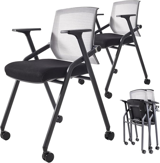 2 Pack Stackable Conference Room Chairs with Paddle Folding Office Chair Foldable Desk Chair Mesh Back and Arms for Conference Meeting Guest Reception Home Office Training Room Chair-DeskLoop Office