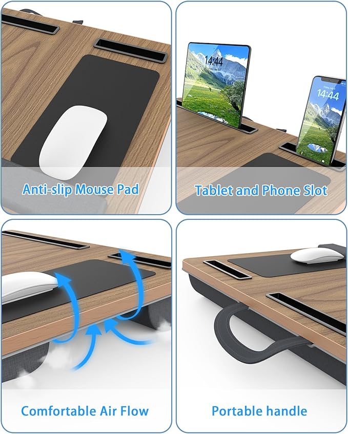 Laptop Lap Desk, Portable Large Laptop Desk for Bed, Up to 17 in Lap Table with Wrist Rest, Mouse Pad, Tablet Phone Slot, Portable Handle, Cushion (Dark Brown Woodgrain)-DeskLoop Office
