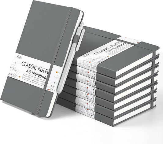 feela 8 Pack Journal Notebook Bulk for School, Hardcover Business Notebooks Classic Ruled Lined Journals with Pen Holder for Work Note Taking, with 8 Black Pens, 120 GSM, 5.1”x8.3”, A5, Gray-DeskLoop Office
