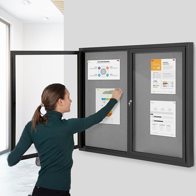 SWANCROWN Enclosed Bulletin Board 48x36in, Outdoor Bulletin Board Weatherproof for Office School Commerce, Grey Felt, Black Aluminum Frame-DeskLoop Office
