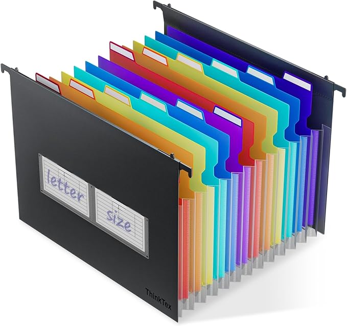 ThinkTex Plastic Expanding Hanging File Folders,12 Accordion Pockets,Large Capacity for Letter Size, Organizer for Filing Cabinet,Ideal for Tax,Contracts,Invoices,for Office,School & Home,Black-DeskLoop Office