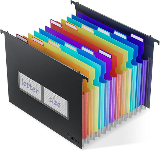 ThinkTex Plastic Expanding Hanging File Folders,12 Accordion Pockets,Large Capacity for Letter Size, Organizer for Filing Cabinet,Ideal for Tax,Contracts,Invoices,for Office,School & Home,Black-DeskLoop Office