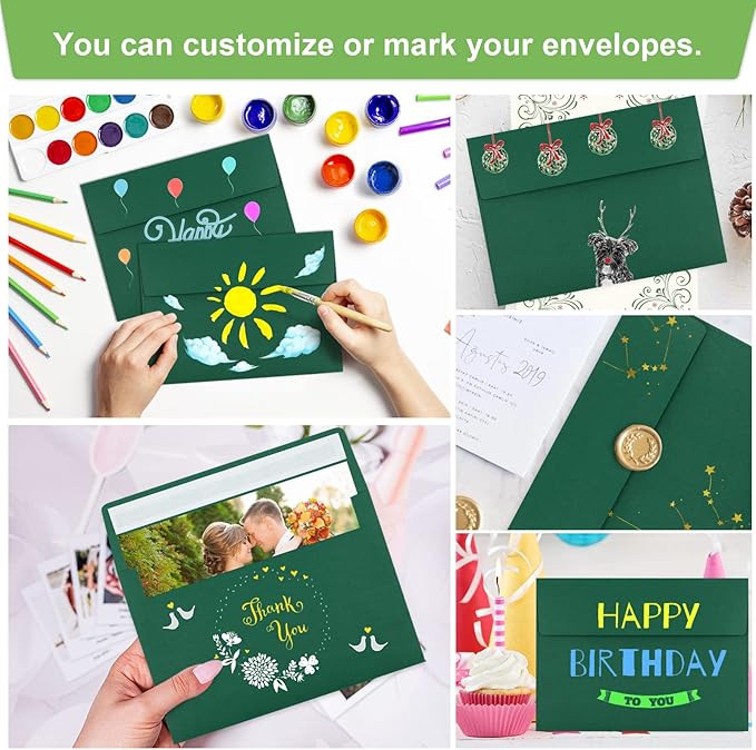 50 Pack 5x7 Envelopes - Self Seal for Invitations, Weddings, Photos & Greeting Cards (Dark Green)-DeskLoop Office