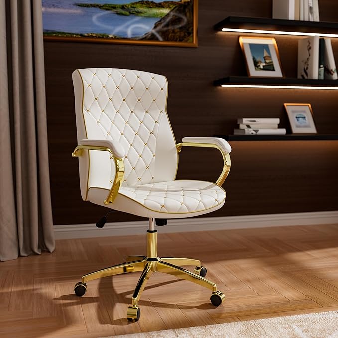 White and Gold Office Chair with Soft Leather Embroidery, Mid Back Vintage Swivel Executive Desk Chair with Wheels and Padded Arms, Adjustable Height-DeskLoop Office