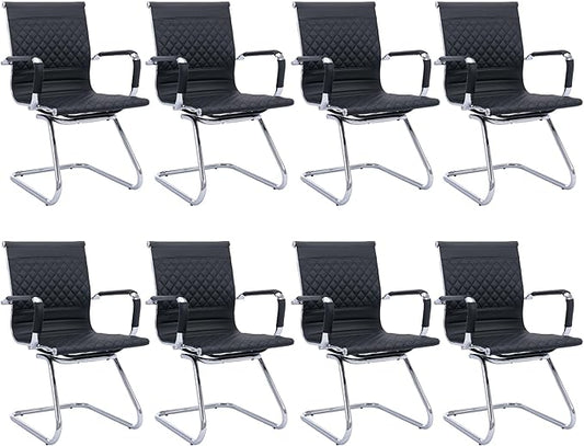 Office Guest Chairs - Set of 8 Modern PU Leather Mid Back Desk Chairs in Black-DeskLoop Office