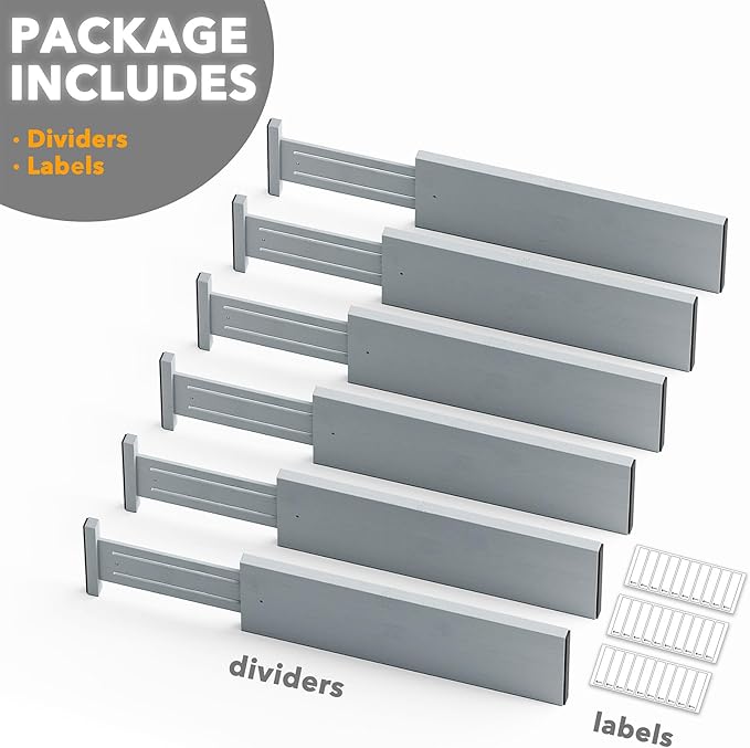 SpaceAid Bamboo Dresser Drawer Dividers 6 Pack, 4.65“ High Adjustable 17“-22” Drawer Organizers, Expandable Organization for Clothing, Clothes, Dressers, Gray-DeskLoop Office