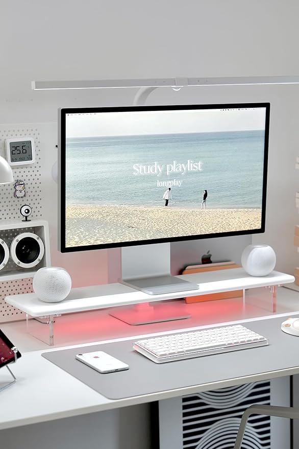 Bamboo Monitor Stand Riser with Acrylic Legs for Desk,31.5 Inches Desktop Shelf Supports for PC Computer Monitor, Laptops, Printer, Speakers (White)-DeskLoop Office