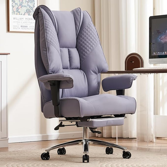 Big and Tall Office Chair 400lbs Wide Seat, Leather High Back Executive Office Chair with Foot Rest, Ergonomic Chairs Lumbar Support for Lower Back Pain Relief (Light Purple)-DeskLoop Office