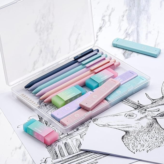 Four Candies Cute Mechanical Pencil Set, 6PCS Pastel Mechanical Pencils 0.5 mm & 0.7mm & 0.9mm with 360PCS Leads, 3PCS Erasers and 9PCS Eraser Refills, Aesthetic Pencils for Girls Writing, Art Drawing-DeskLoop Office