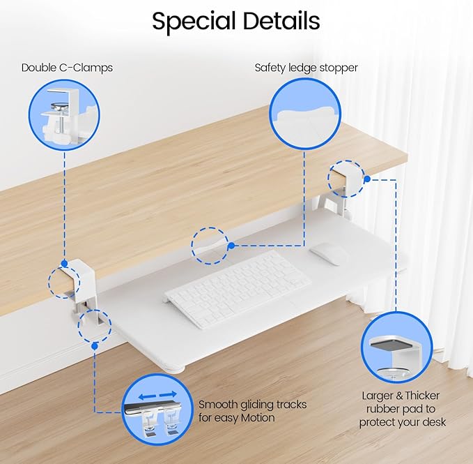 Large Keyboard Tray Under Desk Slide Out with Extra Sturdy C Clamp Mount System,26'' (30'' including Clamps) x11 Slide-Out Keyboard Drawer Under Desk for Typing,Keyboard Mouse Tray,White-DeskLoop Office