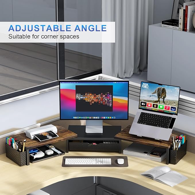 gianotter Dual Monitor Stand Riser, Desk Organizer With Drawer and 2 Pen Holders,Computer Monitor Stand, Desk Shelf for Top of Desk, Wood-DeskLoop Office