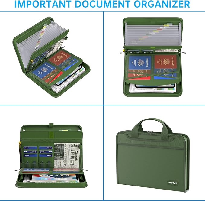 ENGPOW Accordion File Organizer,Fireproof Expanding File Folder with Multi Pockets,13 Pockets Document Organizer with Handle & Labels,Portable Home Travel Safe Storage for Letter A4 Files,Green-DeskLoop Office