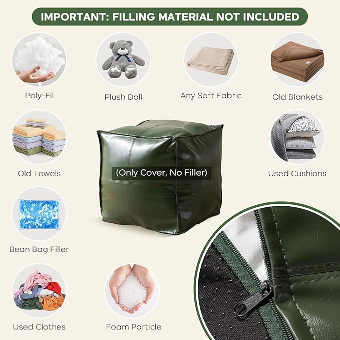 Unstuffed Pouf Cover, 17.7" Faux Leather Poofy Ottoman Cover, Square Footstool For Storage Living Room Decoration Foot Rest, Footrest for Bedroom Balcony Office Chair, (Only Cover, No Filler), Green-DeskLoop Office