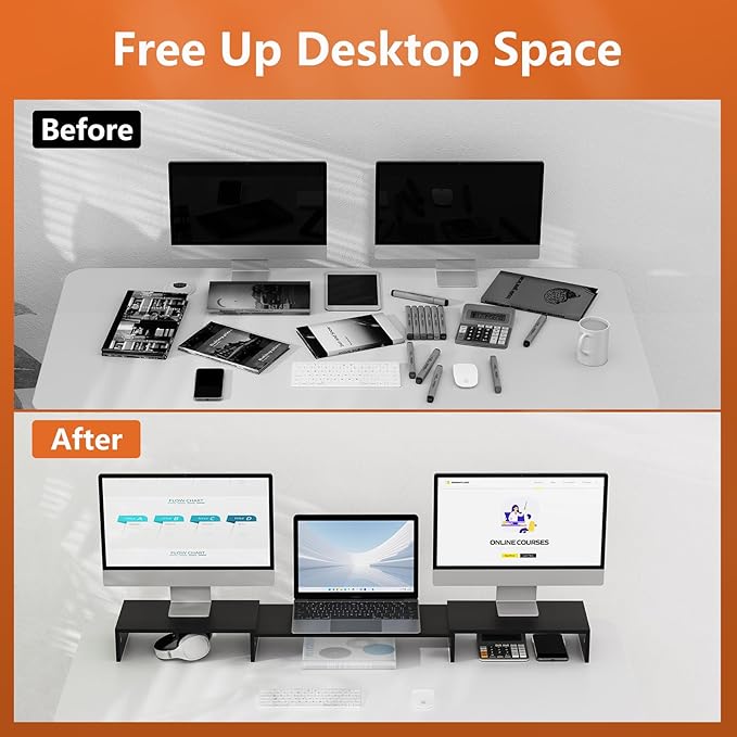 Triple Monitor Stand Riser, Extra Long Monitor Riser for 1~2~3 Monitors, Dual Monitor Stand with Length and Angle Adjustable, 3 Shelf Monitor Stand for Desk-DeskLoop Office