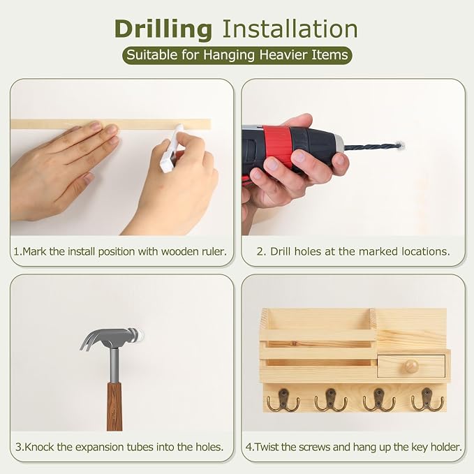 Key Holder Wall Mount, Wooden Adhesive Mail and Key Organizer - Image 8