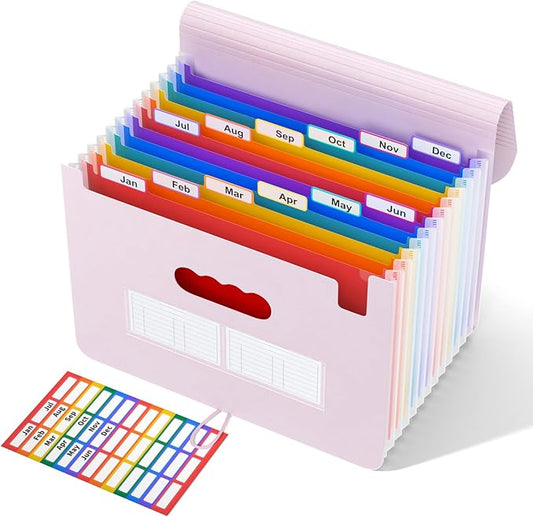 ABC life 12-Pocket Expandable Accordion File Organizer for Monthly Bills & Receipts - Portable A4/Letter Size Document Holder with Colored Tabs - Ideal for Home, Office & Travel folder- Pinkish Purple-DeskLoop Office