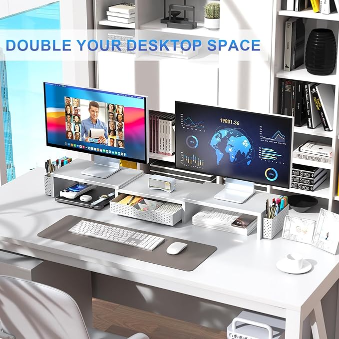 gianotter Dual Monitor Stand Riser, Desk Organizer With Drawer and 2 Pen Holders, Monitor Stand for Desk, Office Decor Essentials (White)-DeskLoop Office