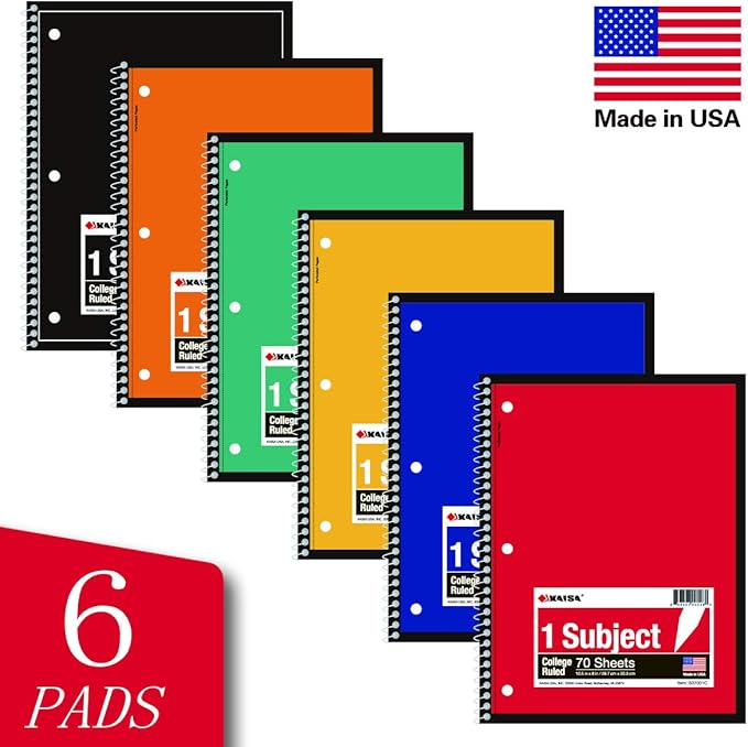 KAISA 70 Sheet 1-Subject Wirebound Notebook Spiral Notebooks, College Ruled 10.5x8 Spiral Notebooks For School Students Office, Pack of 6 Pads,S07001C-DeskLoop Office