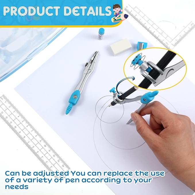 Teling 12 Sets Math Geometry Kit for Students 10 Pcs Compass Geometry Tools Set Includes Rulers Protractor Compass Eraser Pencil Sharpener Lead Refills Pencil (Blue)-DeskLoop Office