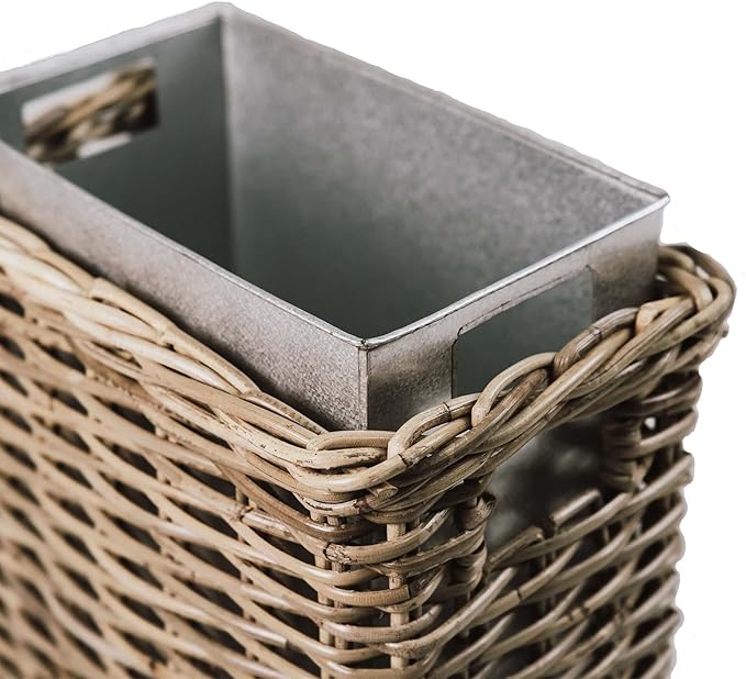 The Basket Lady Large Rectangular Kubu Wicker Waste Basket with Metal Liner, 14.5 in L x 9 in W x 18 in H, Serene Grey-DeskLoop Office