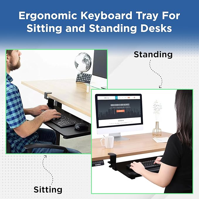 Kt4 Clamp on Keyboard Tray, Adjustable Slide Out Drawer for Desk, Height Tilt Adjustable Keyboard Holder, Under Desk Pull Out Tray (Black)-DeskLoop Office
