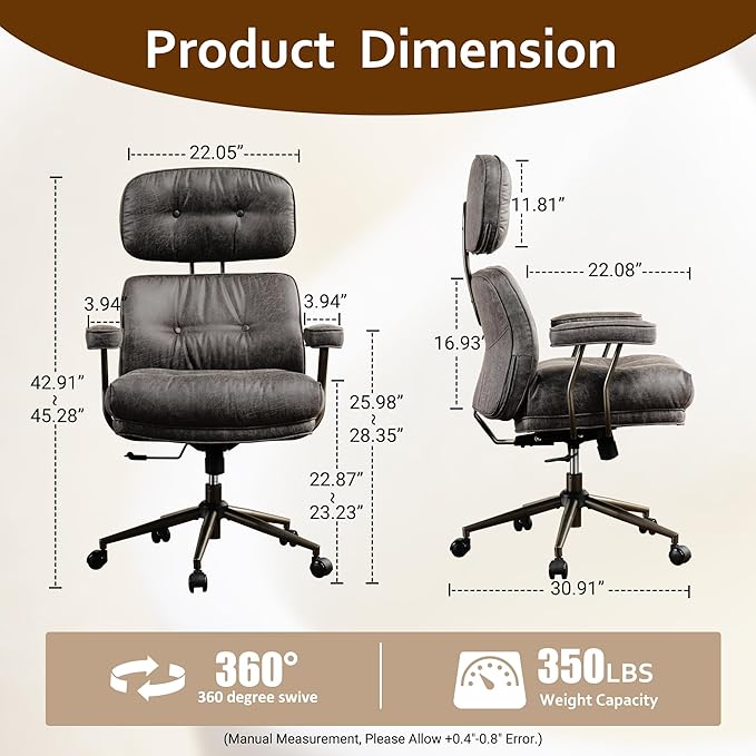 Faux Leather Executive Office Chair - Big and Tall Ergonomic Home Office Chair,Reclining Computer Desk Chairs with Lumbar Support,Adjustable Task Swivel Rolling PC with Wheels,Grey,Suede-DeskLoop Office