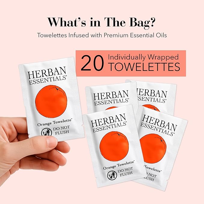 Herban Essentials - Orange Wipes & Towelettes - Essential Oil Wipes for Make Up, Hands, Face & Body - Travel Size Essentials & Toiletries - Natural, Individually Wrapped, Disposable & Moist (20 count)-DeskLoop Office