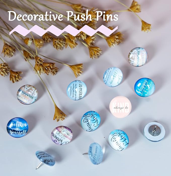 24Pcs Decorative Push Pins,Decorative Thumb Tacks for Bulletin Board, Cork Board Thumbtacks,Photos Wall Maps,Cute Thumbtack for Cubicle Decor,Classroom Decor,and Office Decor(Motivational-Moring)-DeskLoop Office